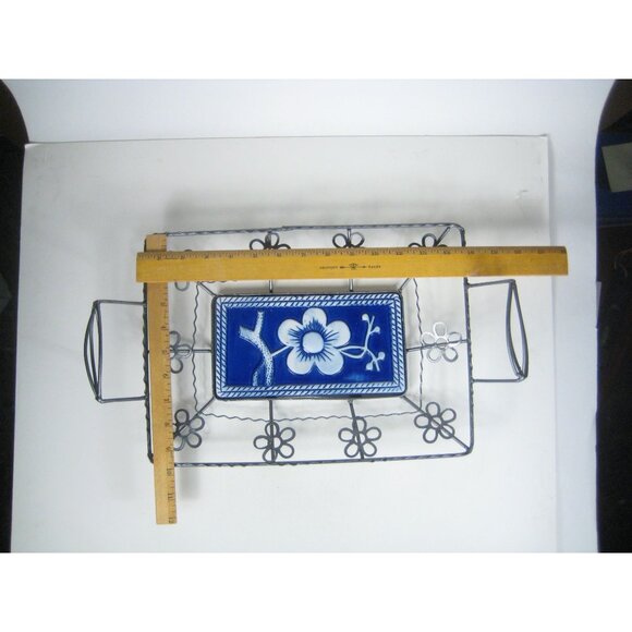 Wire Basket Blue Floral Ceramic Centerpiece Rustic Farmhouse 17 inch - Picture 2 of 10